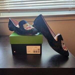 Kate Spade Black Embroidered Velvet Loafers